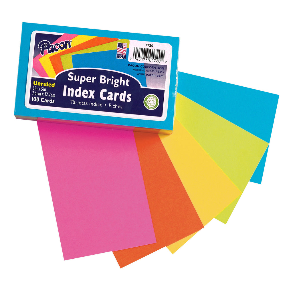 Pacon Index Cards, 3? x 5?, Super Bright, Unruled