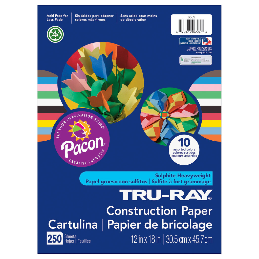 Pacon Tru-Ray® Sulphite Construction Paper, 12" x 18" Assorted Colors