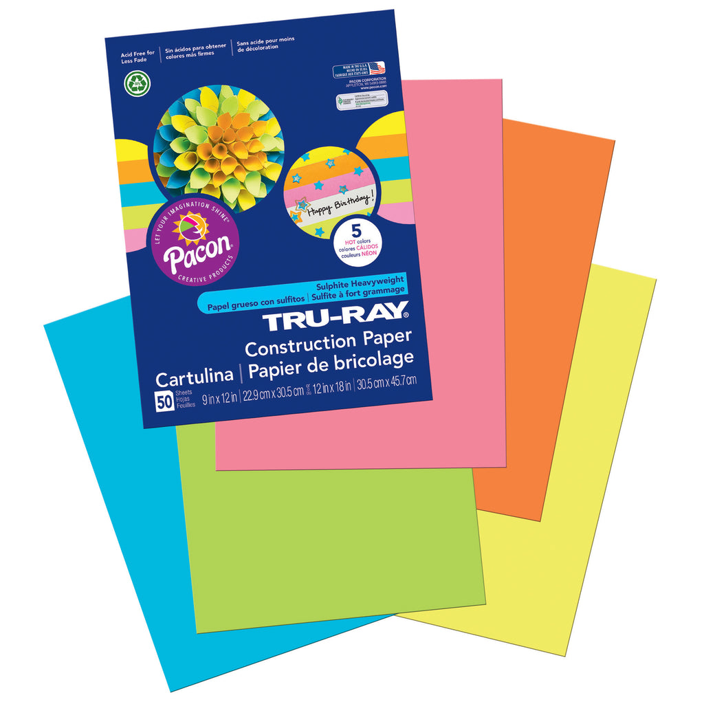 Pacon Tru-Ray® Construction Paper, 9" x 12" Assorted Hot Colors