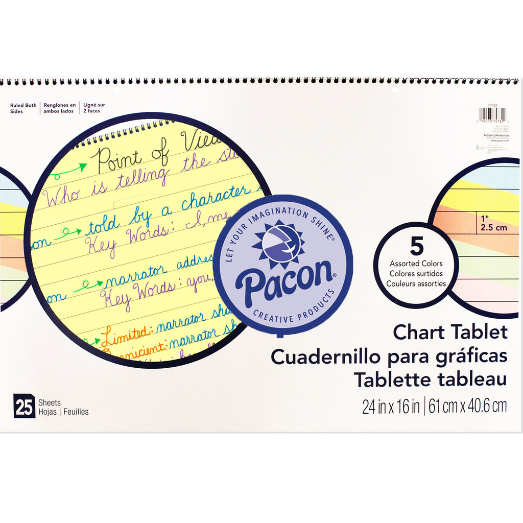 Pacon Colored Paper Chart Tablets, 24" x 16", Ruled 1"