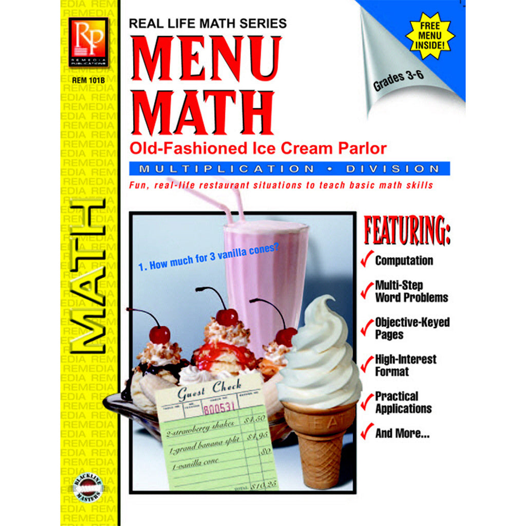 Remedia Publications Real Life Math Series: Menu Math Old Fashioned Ice Cream Parlor Multiplication & Division Activity Book