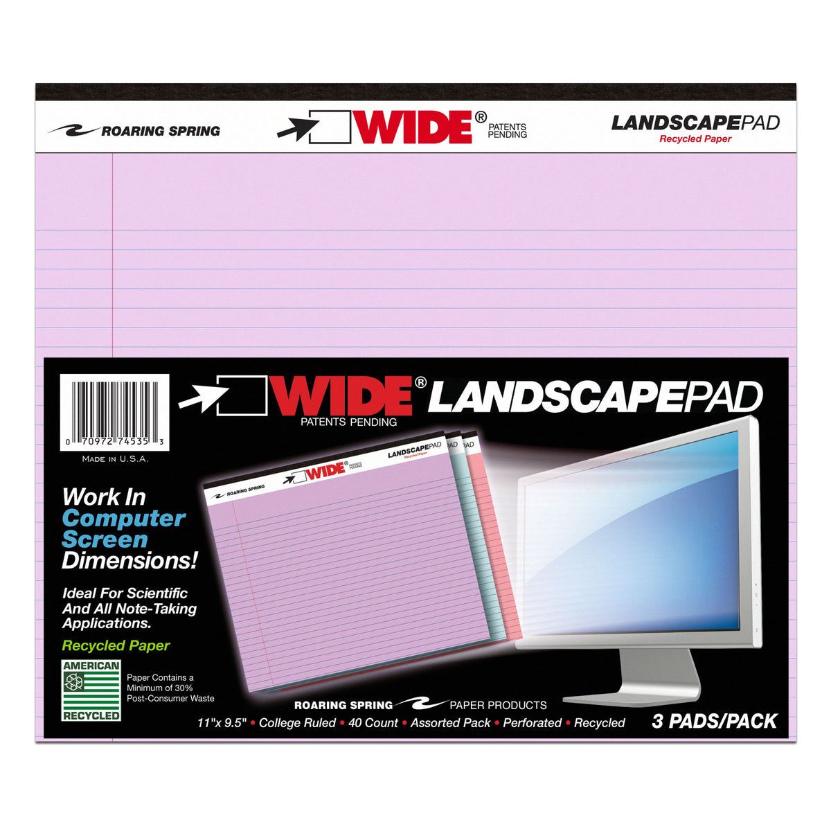 Roaring Spring Paper Products Landscape Pad, 3 Pack Assorted