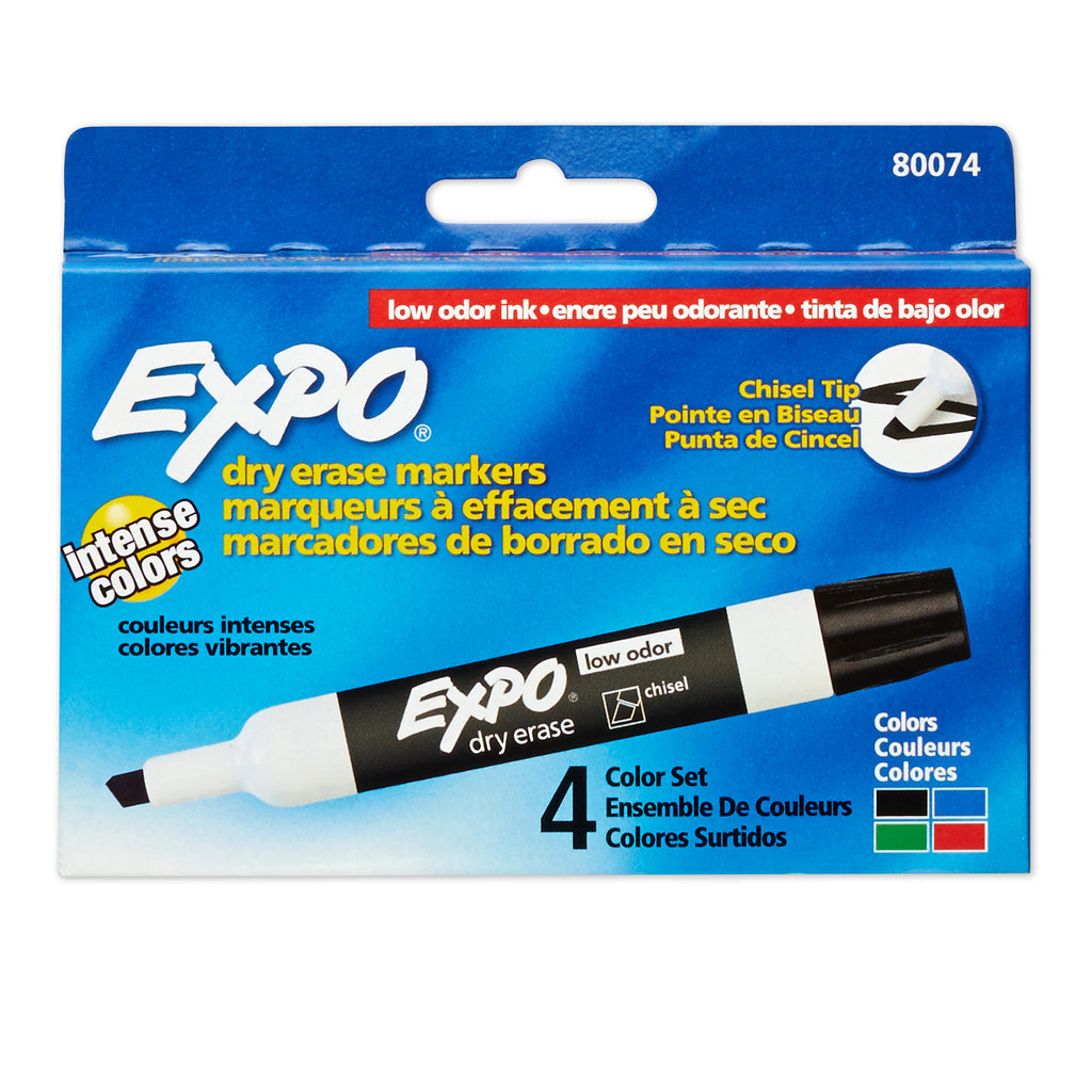 Newell Brands Expo Low Odor Dry Erase Chisel Tip Markers, Set of 4 (Black, Red, Blue, Green)