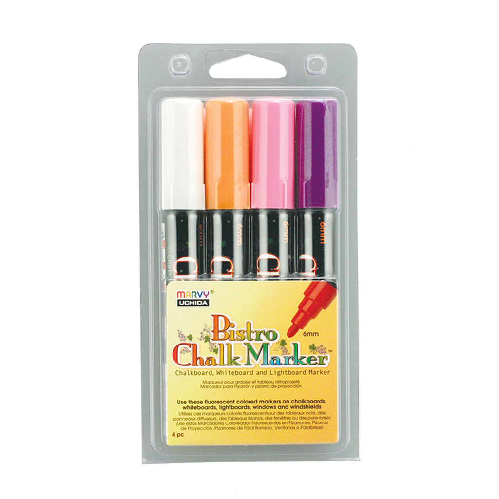 Uchida Bistro Fluorescent Chalk Markers, Set of 4 (White, Violet, Orange, Pink)