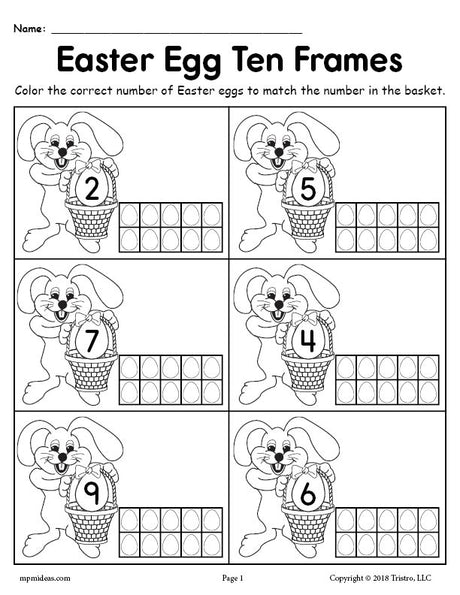 FREE Printable Easter Egg Ten Frame Worksheets Numbers 1-20!