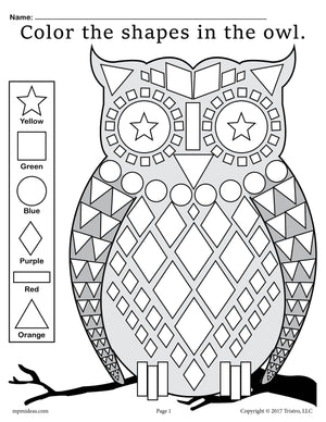 FREE Fall Themed Owl Shapes Worksheet & Coloring Page!