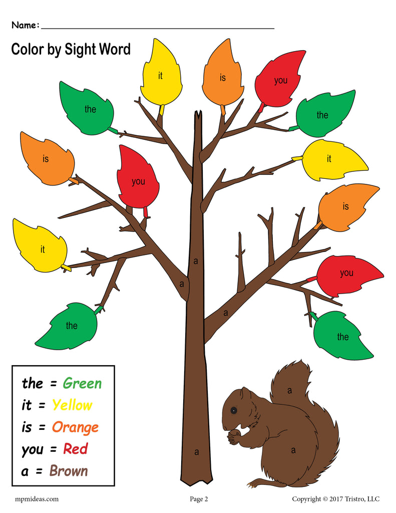Fall Themed Color By Sight Words - 2 Printable Preschool Sight Word Worksheets!