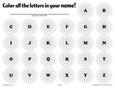 "Find & Color The Letters In Your Name" Spring Themed Letter Recognition Worksheets
