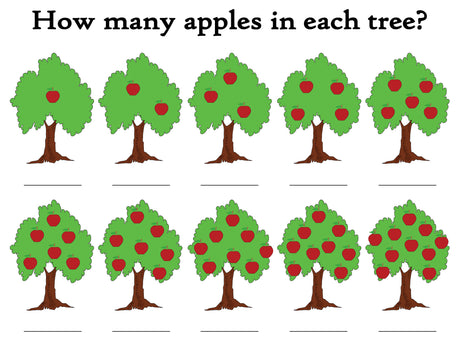 "How Many Apples In The Tree?" FREE Printable Apple Themed Counting Worksheets
