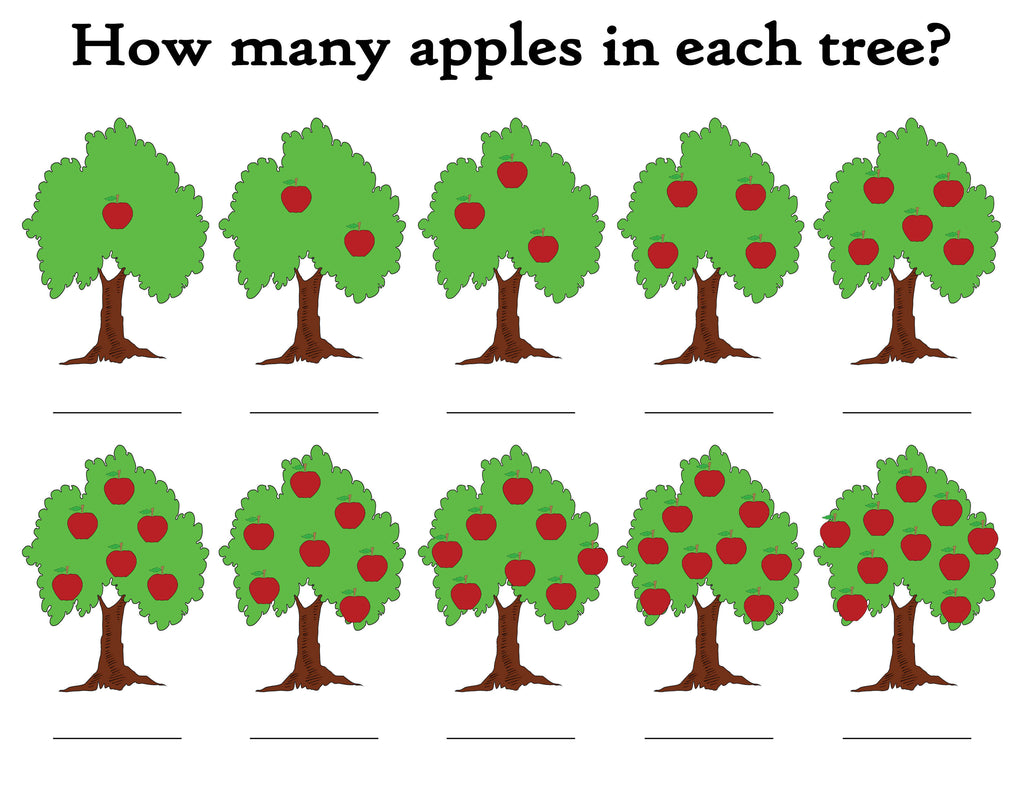 "How Many Apples In The Tree?" FREE Printable Apple Themed Counting Worksheets