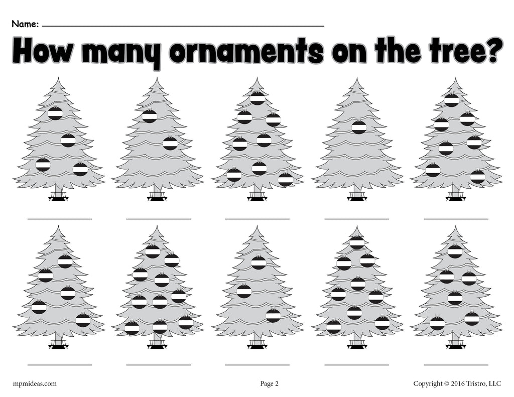 "How Many Ornaments On The Tree?" Printable Christmas Counting Worksheets