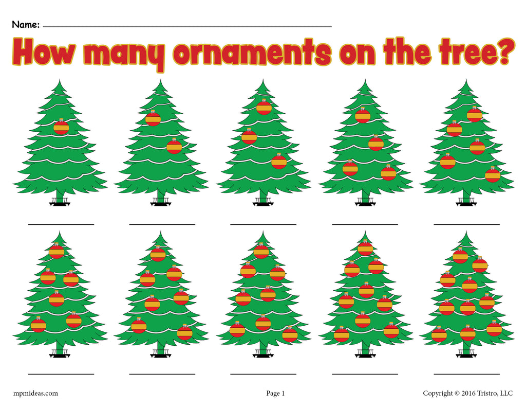 "How Many Ornaments On The Tree?" Printable Christmas Counting Worksheets