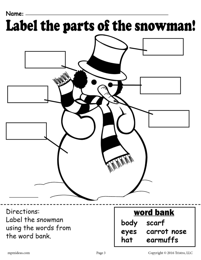 "Label the Snowman" Worksheets (2 Printable Versions)!