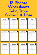 12 Shapes Worksheets: Color, Trace, Connect, & Draw!