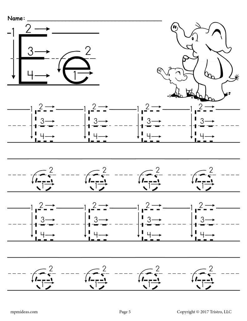 FREE Printable Letter E Tracing Worksheet With Number and Arrow Guides!