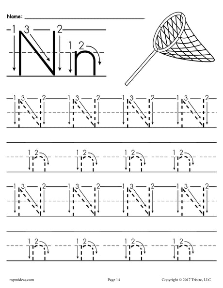 FREE Printable Letter N Tracing Worksheet With Number and Arrow Guides!