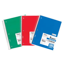 5 Subject Spiral Notebook, 180 Sheets