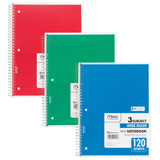 Notebook Spiral 3 Subject 120 Count 10 1/2 x 8