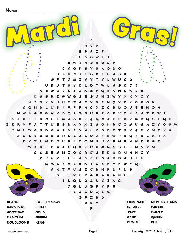 FREE Printable Mardi Gras Word Search!