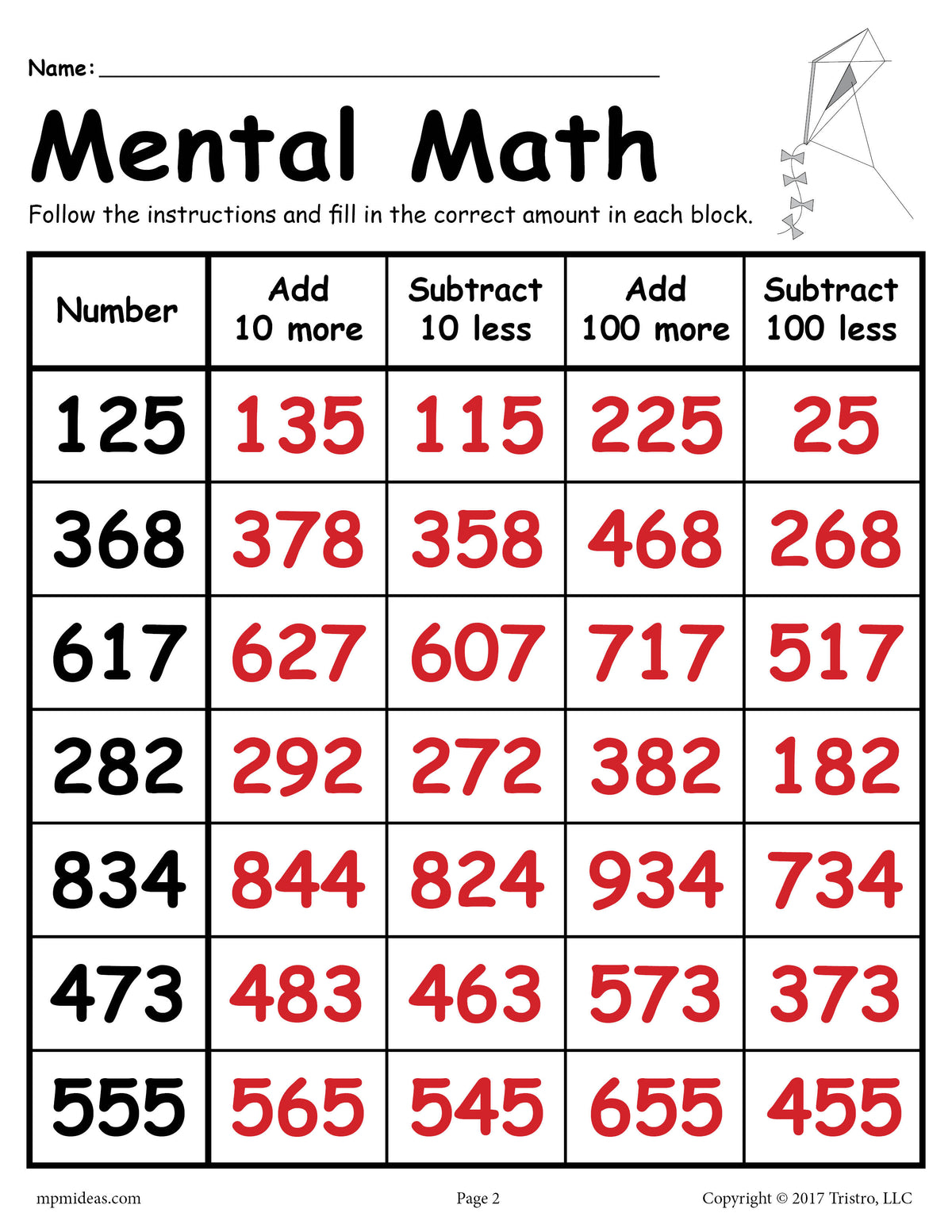FREE Mental Math Addition & Subtraction Worksheet!