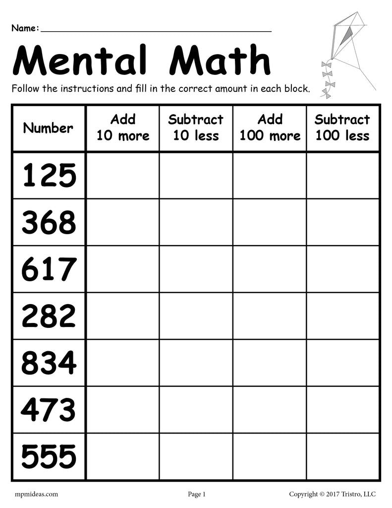 Mental Math Addition & Subtraction Worksheet!