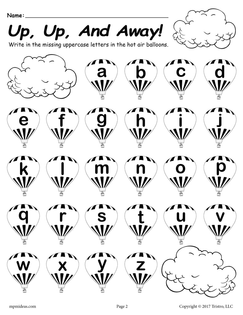 Printable Lowercase Alphabet Worksheet - Fill In the Missing Letters Hot Air Balloon Theme!