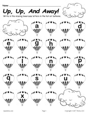 FREE Printable Lowercase Alphabet Worksheet - Fill In the Missing Letters Hot Air Balloon Theme!