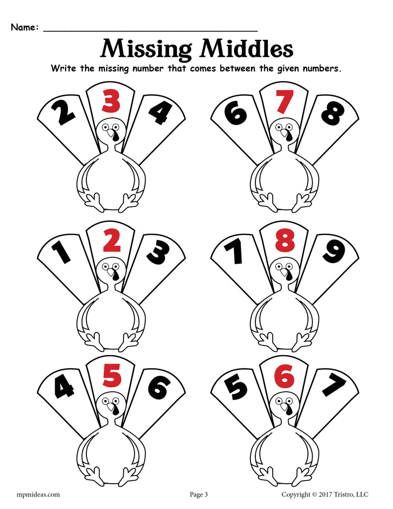 Thanksgiving Number Sequence Counting Worksheets - Fill In The Missing Numbers 1-10 and 10-20