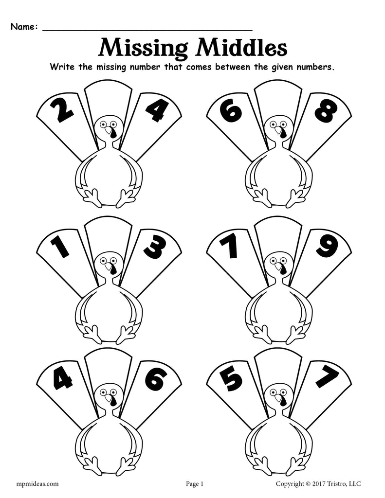 FREE Thanksgiving Number Sequence Counting Worksheets - Fill In The Missing Numbers 1-10 and 10-20