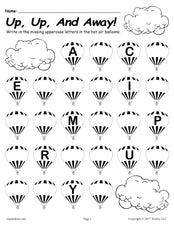 FREE Printable Uppercase Alphabet Worksheet - Fill In the Missing Letters Hot Air Balloon Theme!