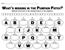 "Missing Letters in the Pumpkin Patch" Printable Alphabet Worksheet!