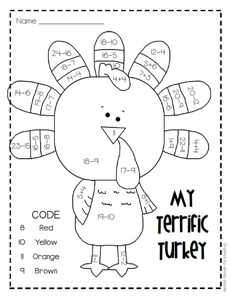 "My Terrific Turkey" FREE Addition & Subtraction Worksheet for Thanksgiving!