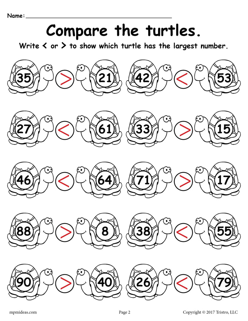 Turtle Themed Greater Than Less Than Worksheet!