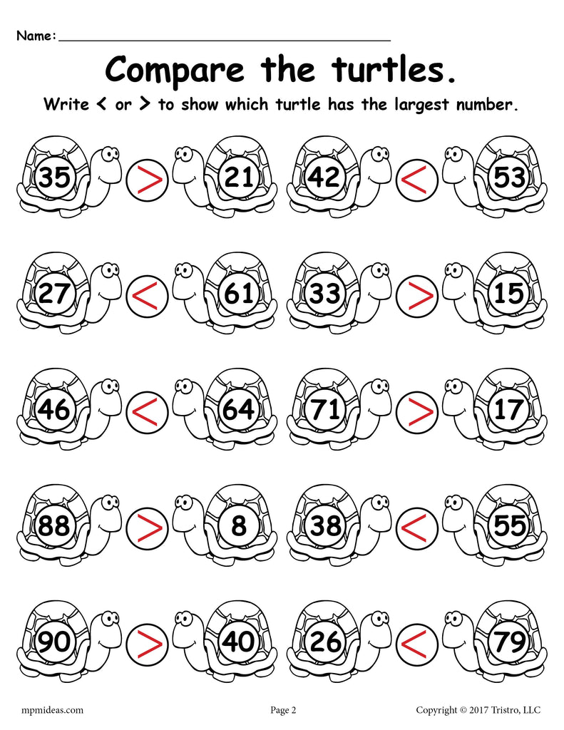 Turtle Themed Greater Than Less Than Worksheet!