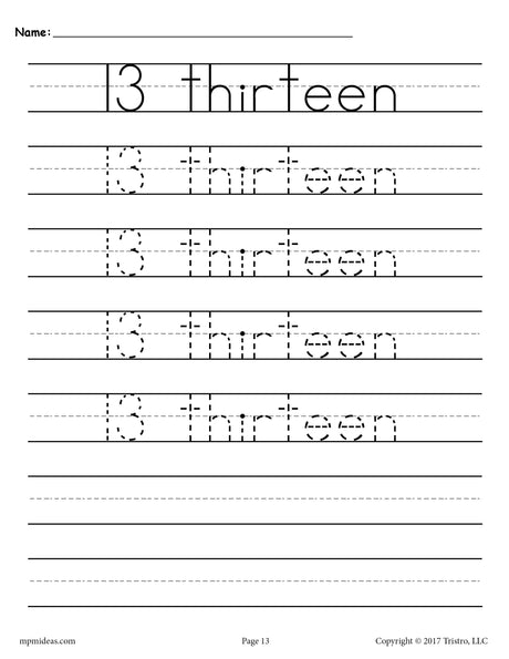 FREE Number 13 Tracing Worksheet