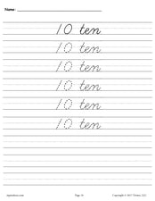Printable Number Ten Cursive Handwriting & Tracing Worksheet