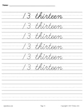 Printable Number Thirteen Cursive Handwriting & Tracing Worksheet
