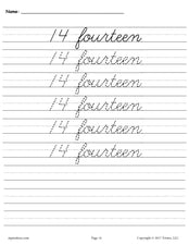 Printable Number Fourteen Cursive Handwriting & Tracing Worksheet