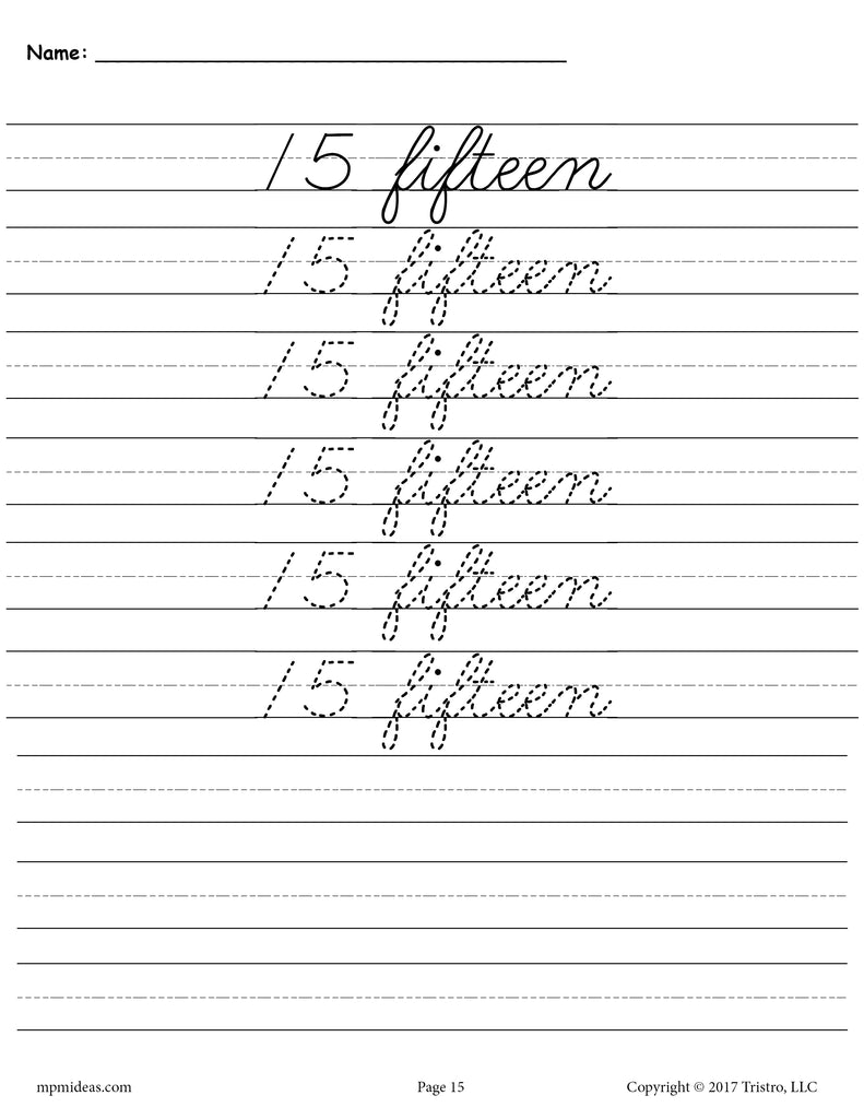 Printable Number Fifteen Cursive Handwriting & Tracing Worksheet