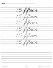 Printable Number Fifteen Cursive Handwriting & Tracing Worksheet