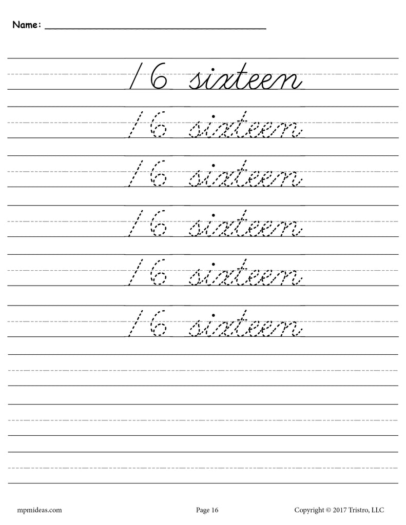 Printable Number Sixteen Cursive Handwriting & Tracing Worksheet