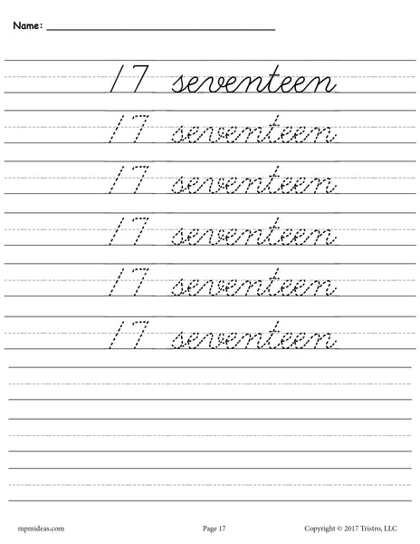 Printable Number Seventeen Cursive Handwriting And Tracing Workshee ...