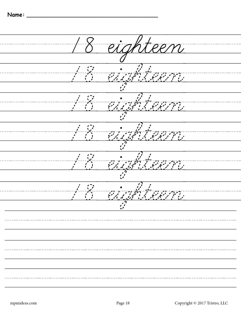 Printable Number Eighteen Cursive Handwriting & Tracing Worksheet