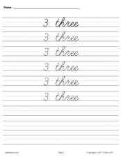 Printable Number Three Cursive Handwriting & Tracing Worksheet