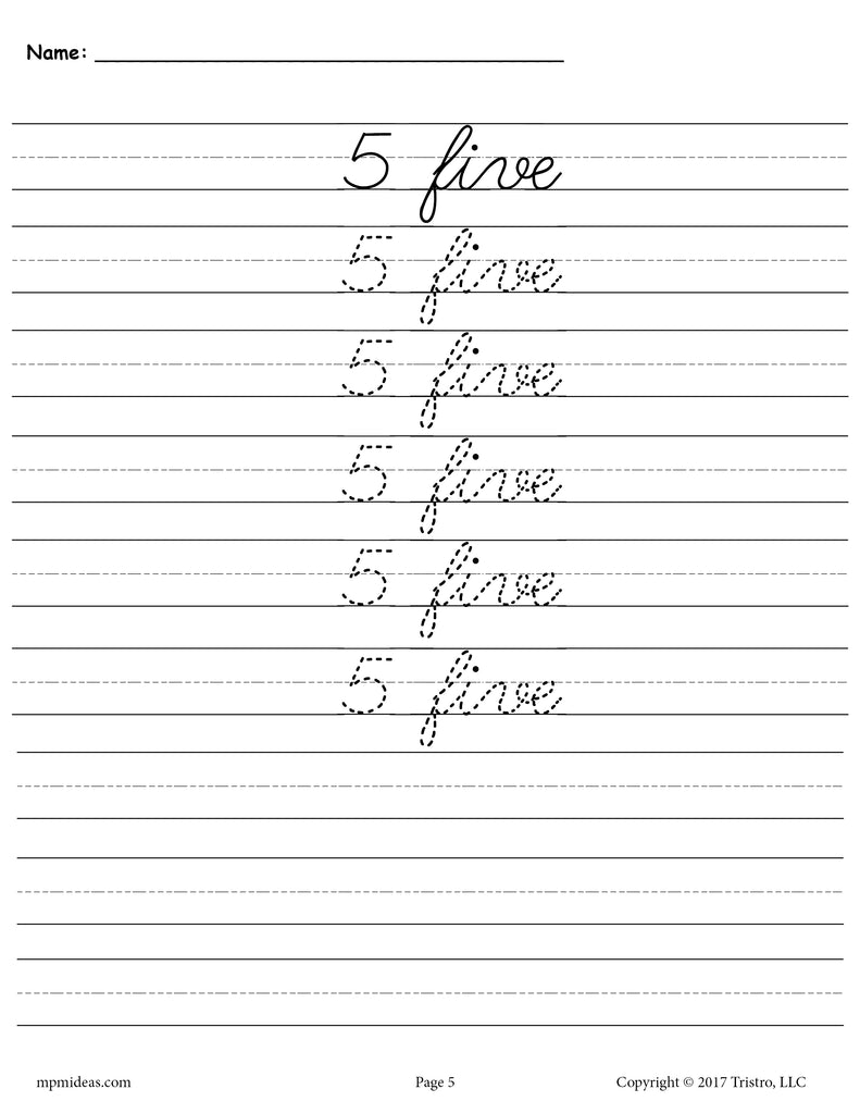 Printable Number Five Cursive Handwriting & Tracing Worksheet