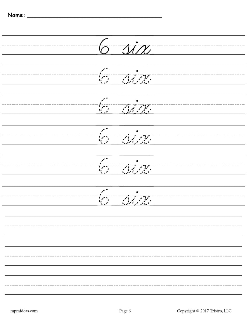 Printable Number Six Cursive Handwriting & Tracing Worksheet