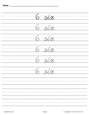 Printable Number Six Cursive Handwriting & Tracing Worksheet