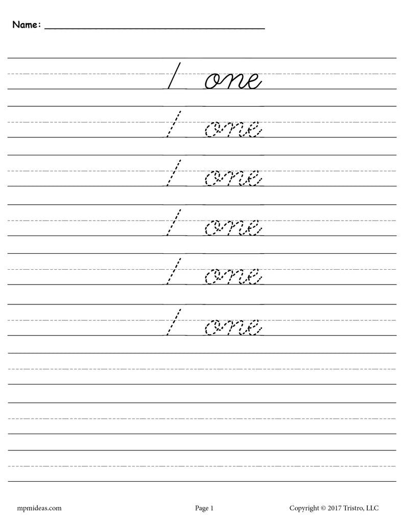 Printable Number One Cursive Handwriting & Tracing Worksheet