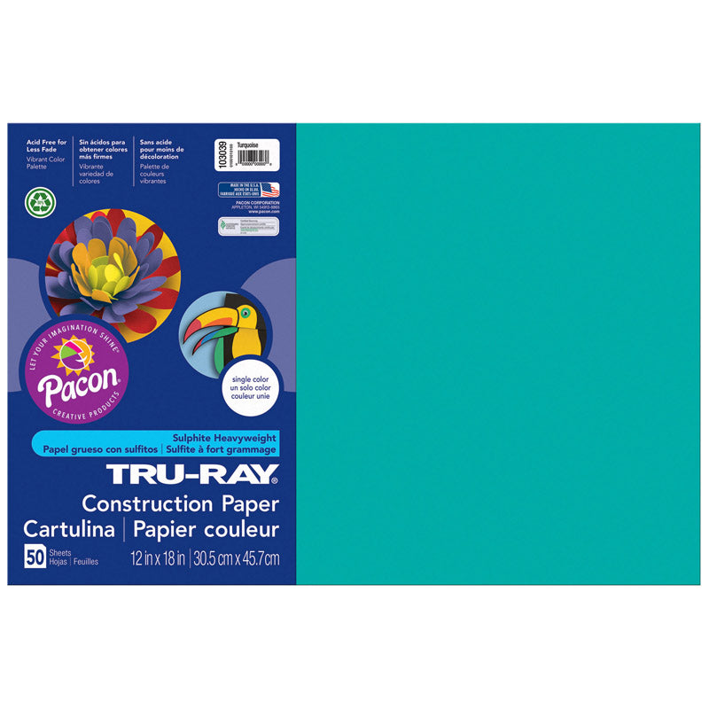 Pacon Tru-Ray Construction Paper, 76 lbs., 9 x 12, Turquoise, 50