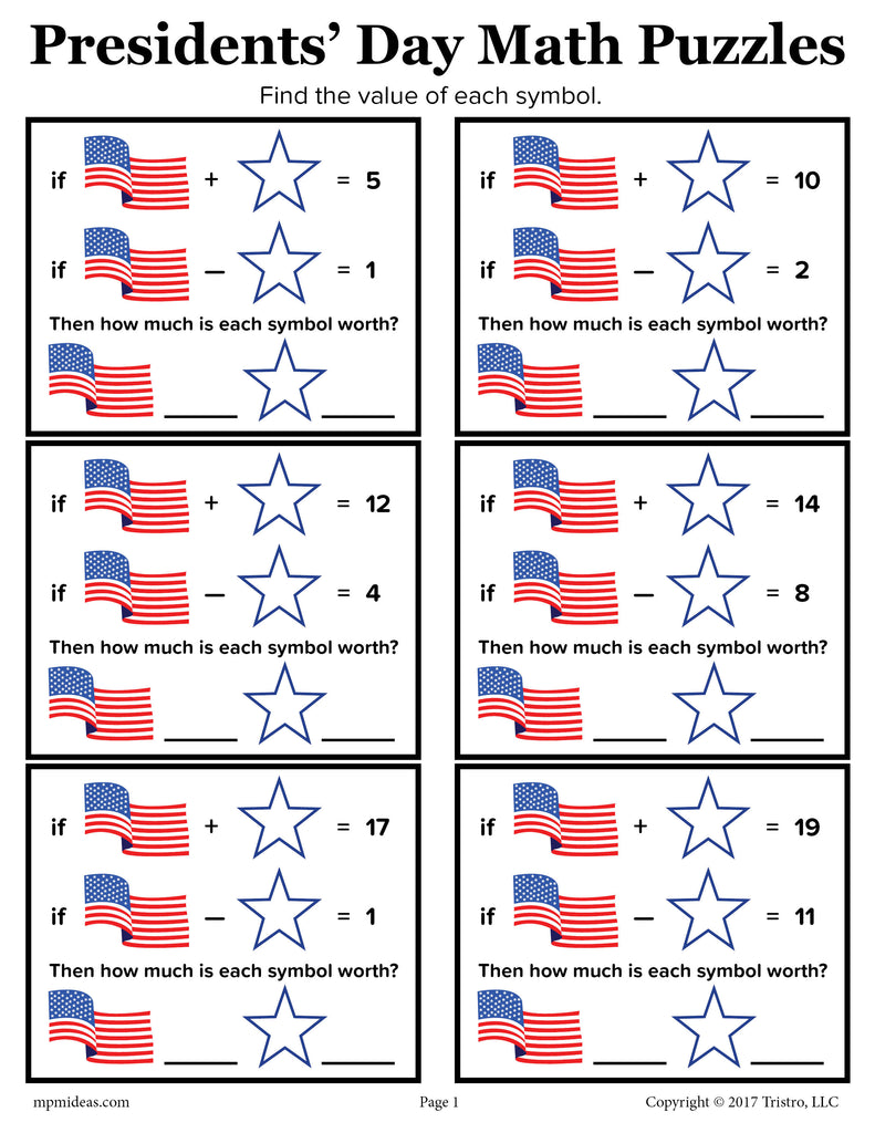 Presidents' Day Math Puzzles Worksheet!